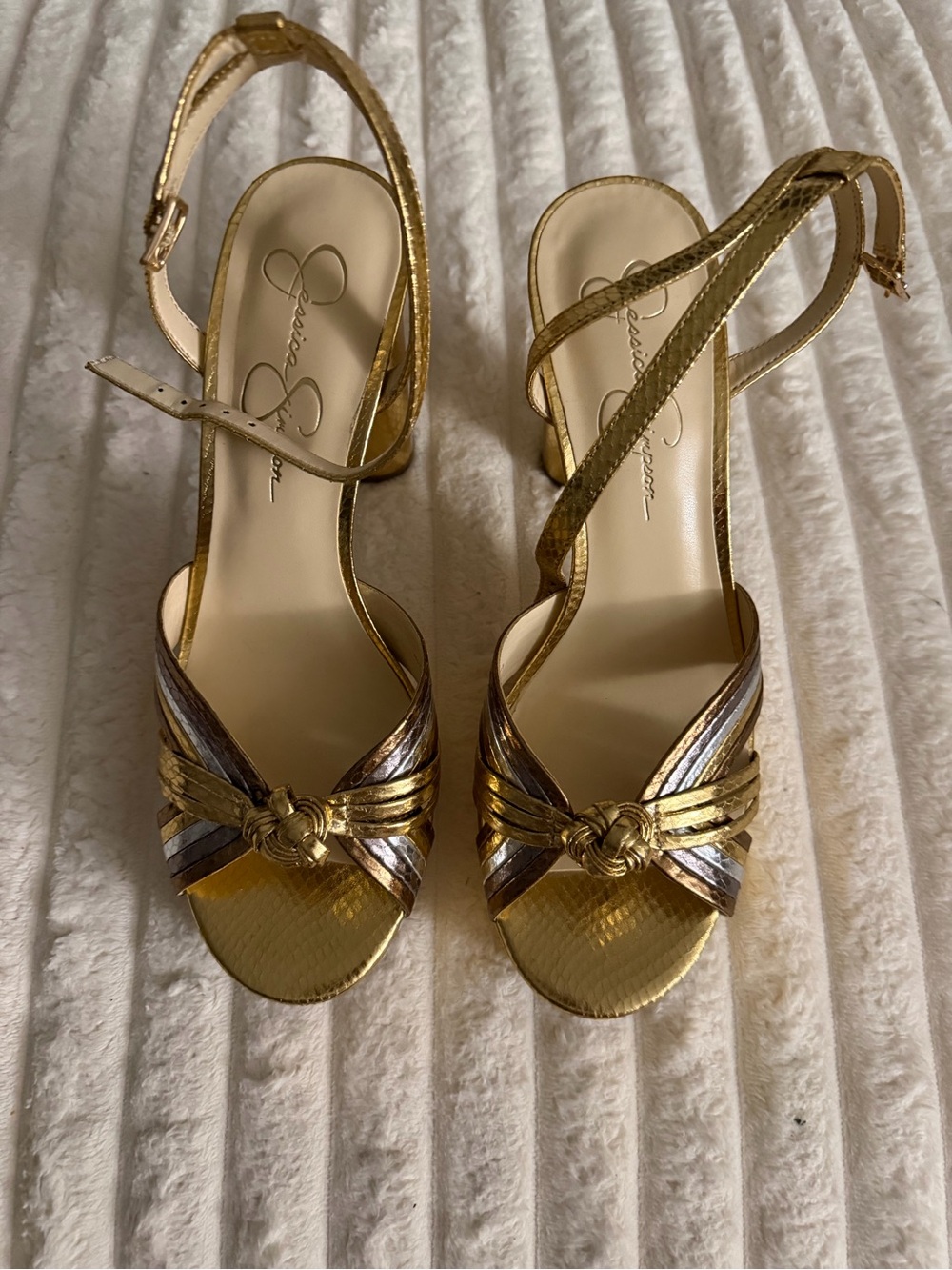 Jessica Simpson Metallic Gold and Silver Knotted Strappy Heels